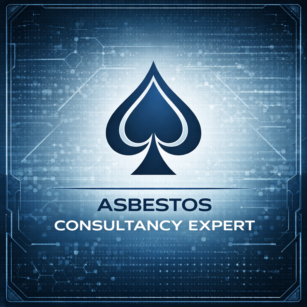 Asbestos Consultancy Expert spade emblem on a blue technical background